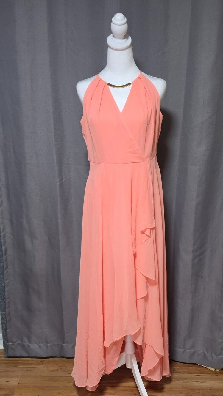 Sangria Womens Size 4 Coral Maxi Dress Halter Gold Bar Ruffle Formal Gown